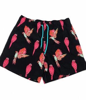 George Men’s Swim Trunks Parrot Print Black Pink Mesh Lined Size M